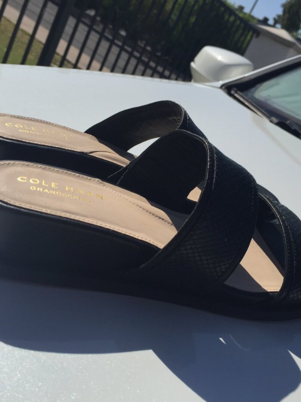 Cole Haan Wesley Demi Wedge Sandals Black Snakeskin Embossed Leather 6.5B W20525 - Picture 6 of 11